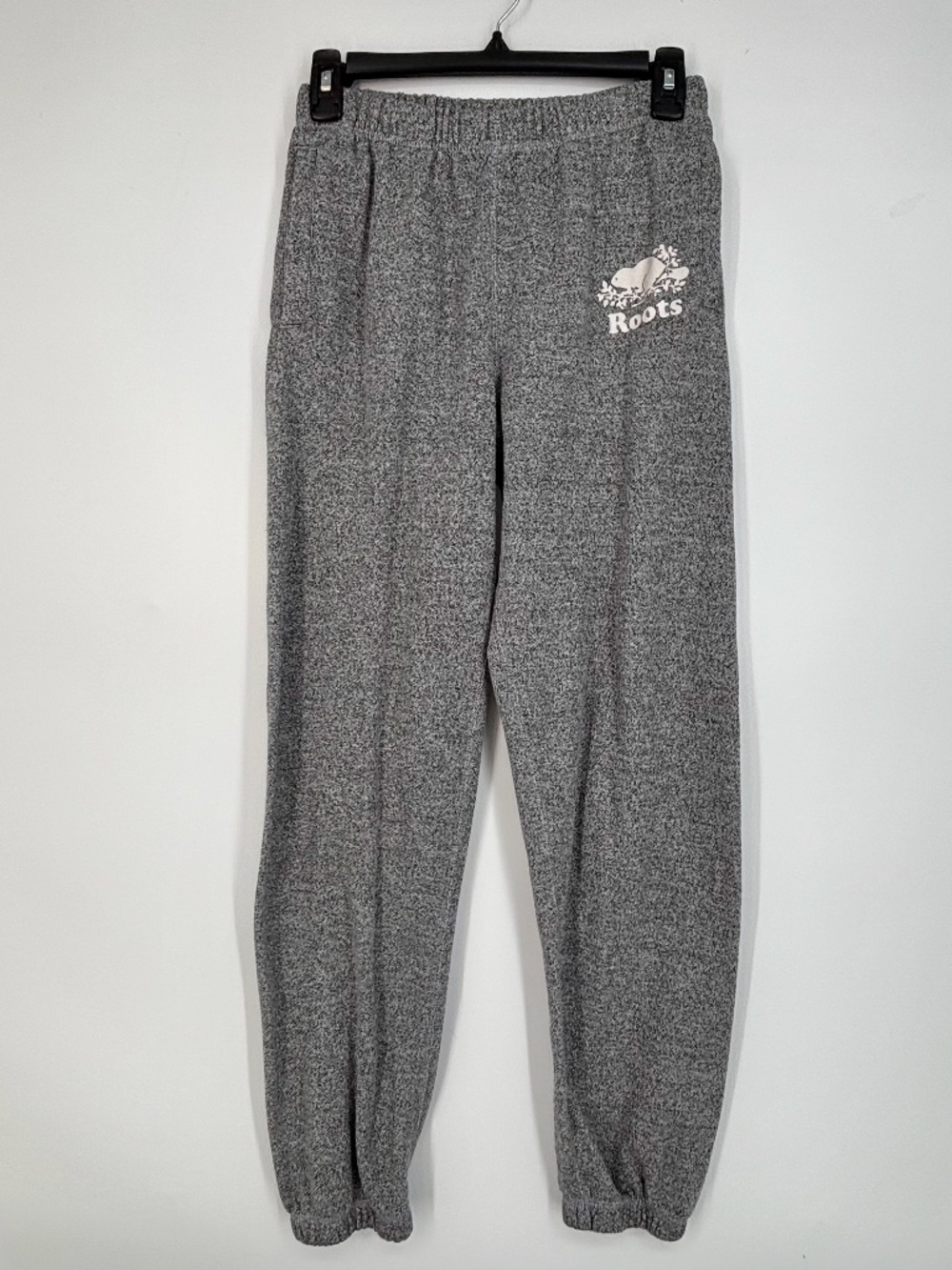 Roots Womens XXS Sweatpants Black Gray Marl Knit Beaver Graphic Spellout Unisex